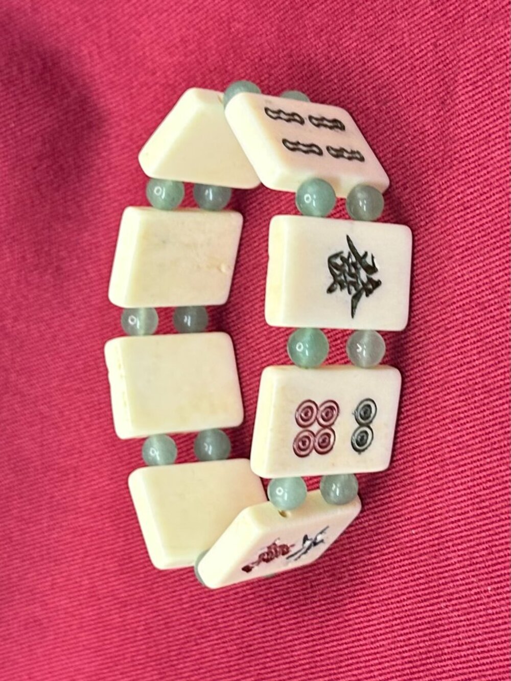 VTG Asian MahJong Tile Bracelet Jade-Tone/Aventurine Beads - Picture 10 of 14